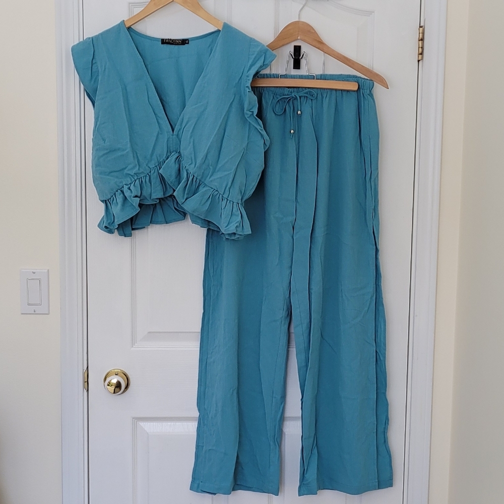 Blue Ruffle Two Piece Jumpsuit - Picture 3 of 6